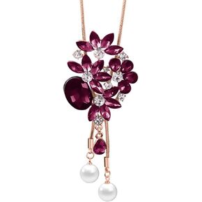 Merdia Flower Leaf Bouquet Created Crystal Pendant Long Chain Sweater Necklace | Long Necklaces for Women | Flower Necklaces for women | Long Chain Necklace for Women | Crystal Necklaces for Women
