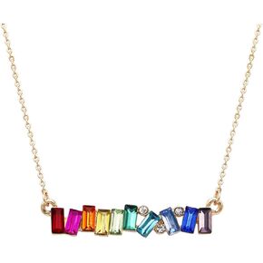 Rosemarie & Jubalee Women's Baguette Cut Rainbow Crystal Rhinestone Asymmetrical Bar Pendant Necklace, 16"+2" Extender