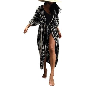 Women's Beach Cover Ups Open Front Tie Dye Maxi Cardigan Kimono Swimsuit with Belts