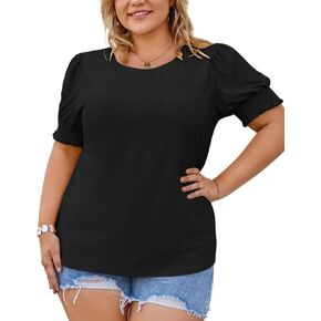 Hanna Nikole Womens Plus Size Tops Crew Neck Puff Short Sleeve Slim Fit Casual Summer Hollow Shirts