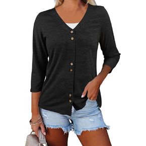 Women's V Neck 3/4 Sleeve T-Shirts Button Down Cardigans Casual Solid Tunic Tops Basic Tees Blouses