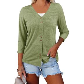 Women's V Neck 3/4 Sleeve T-Shirts Button Down Cardigans Casual Solid Tunic Tops Basic Tees Blouses
