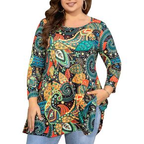 Womens Tunic Tops 3/4 Sleeve Plus Size Crew Neck Swing Flare Loose Fit T-Shirt Blouses to Wear with Leggings in Kuwait