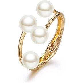 Lvla Gan Gold Pearl Cuff Bracelet for Women, Delicate Braided Bangle Bracelet Wide Wrap Chunky Bracelet for Girls 18K Gold Plated Open Cuff Bracelet Hinge Bracelet Jewelry Gifts
