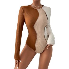 Floerns Women's Colorblock Rib Knit Long Sleeve Crew Neck Casual Slim Fit Bodysuit Tee Tops