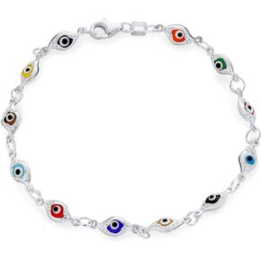 Bling Jewelry Turkish Colorful Multicolor Spiritual Protection Amulet Strand Link Multi Charm Flower Evil Eye Bracelet For Women Teens .925 Sterling Silver 7, 7.5 Inch Made In Turkey
