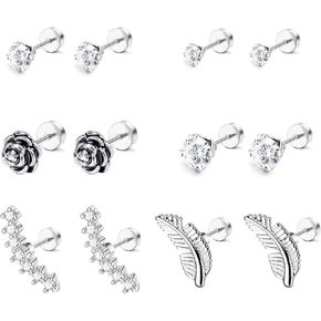 LOYALLOOK 6-8 Pairs 16G Stainless Steel Flower Feather Cartilage Cubic Zirconia Inlaid Helix Hoop Stud Earrings Tragus Piercing Jewelry for Men Women