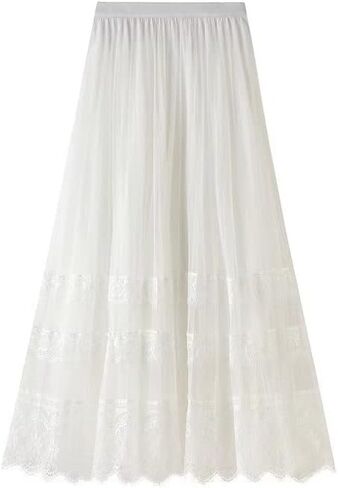 Sigdio Women Midi Skirt Elastic High Waist Lace Tulle Skirt Pleated Skirt in Saudi Arabia