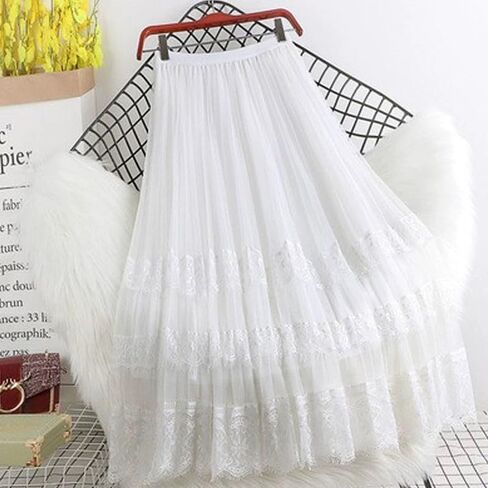 Sigdio Women Midi Skirt Elastic High Waist Lace Tulle Skirt Pleated Skirt in Saudi Arabia