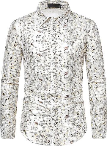 LiveZou Men's Luxury Baroque Shiny Print Shirt, Long Sleeve Button Up Dress Shirts, Vibrancy Patchwork Shirts in Kuwait