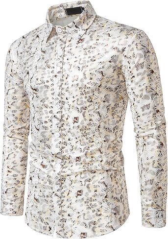 LiveZou Men's Luxury Baroque Shiny Print Shirt, Long Sleeve Button Up Dress Shirts, Vibrancy Patchwork Shirts in Kuwait