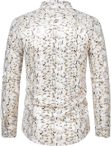 LiveZou Men's Luxury Baroque Shiny Print Shirt, Long Sleeve Button Up Dress Shirts, Vibrancy Patchwork Shirts in Kuwait
