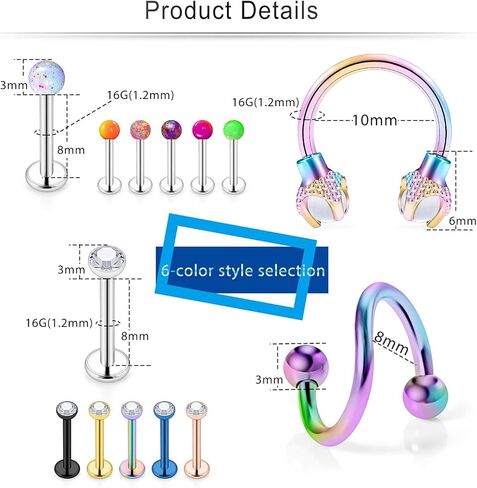 Cisyozi 16G حلقات الشفاه ترصيع الجراحية الصلب واضح الماس تشيكوسلوفاكيا Labret حلقات الشفاه ترصيع الزنمة حدوة الحصان الغضروف الزنمة الحلزون هوب القرط الجسم مجوهرات ثقب التجنيب للنساء الرجال 8 مم in Kuwait