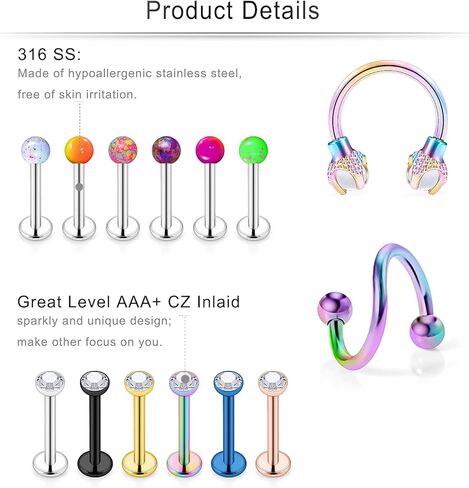 Cisyozi 16G حلقات الشفاه ترصيع الجراحية الصلب واضح الماس تشيكوسلوفاكيا Labret حلقات الشفاه ترصيع الزنمة حدوة الحصان الغضروف الزنمة الحلزون هوب القرط الجسم مجوهرات ثقب التجنيب للنساء الرجال 8 مم in Kuwait