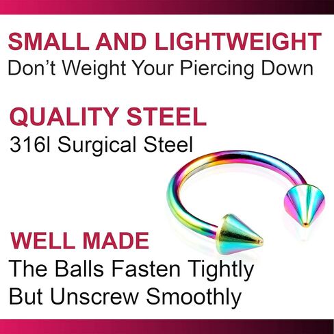 Bodyjewellery 6 قطعة 16 جرام حدوة الحصان الحاجز الدائري الدائري الحديد الحاجب الغضروف الزنمة البطن الشفاه الأنف الثلاثي اللولب قوس قزح سبايك اختيار الحجم in Kuwait