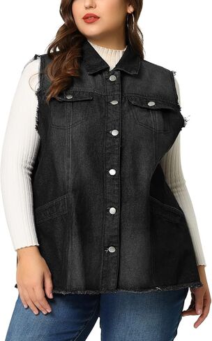 Agnes Orinda Denim Jackets for Women 2024 Plus Size Button Front Lapel Frayed Washed Sleeveless Long Jean Vest in Saudi Arabia