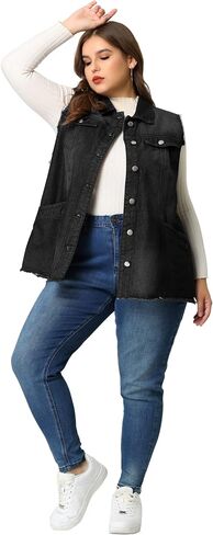 Agnes Orinda Denim Jackets for Women 2024 Plus Size Button Front Lapel Frayed Washed Sleeveless Long Jean Vest in Saudi Arabia