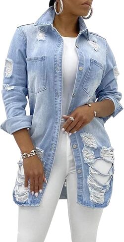 loveimgs Women's Fashion Streetwear Button Down Destroyed Holes Boyfriend Ripped Denim Shirt Jacket in Saudi Arabia
