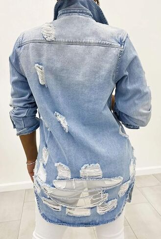 loveimgs Women's Fashion Streetwear Button Down Destroyed Holes Boyfriend Ripped Denim Shirt Jacket in Saudi Arabia