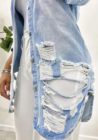 loveimgs Women's Fashion Streetwear Button Down Destroyed Holes Boyfriend Ripped Denim Shirt Jacket in Saudi Arabia