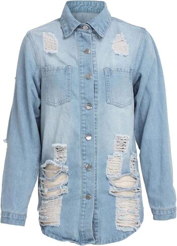 loveimgs Women's Fashion Streetwear Button Down Destroyed Holes Boyfriend Ripped Denim Shirt Jacket in Saudi Arabia