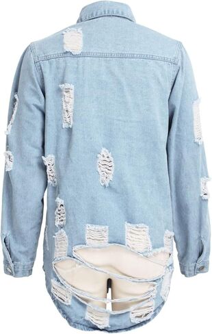 loveimgs Women's Fashion Streetwear Button Down Destroyed Holes Boyfriend Ripped Denim Shirt Jacket in Saudi Arabia