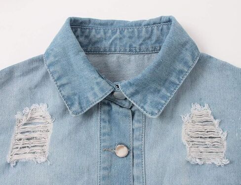 loveimgs Women's Fashion Streetwear Button Down Destroyed Holes Boyfriend Ripped Denim Shirt Jacket in Saudi Arabia