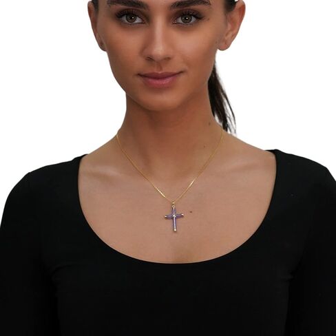 قلادة متقاطعة من الأحجار الكريمة الطبيعية من Beaux Bijoux للنساء - اليشم الأخضر الطبيعي، اليشم اللافندر، أو قلادة العقيق من الذهب عيار 14 قيراط - مجوهرات مسيحية فريدة للنساء - هدايا دينية للنساء in Kuwait