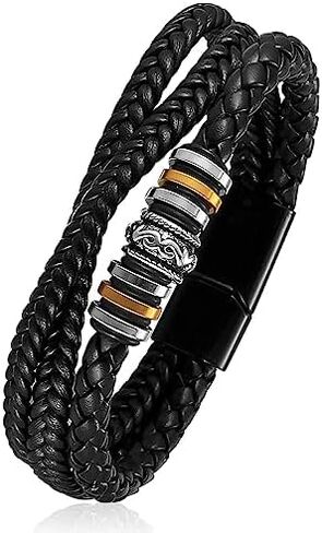 Leather Bracelet for Men, Braided Leather Bracelet, Black Bangle Wristband Bracelet with Clasp, as Birthday Christmas Valentine's Day Gifts for Son Boyfriend Husband Grandson Dad from Mom Wife, in Kuwait