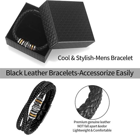 Leather Bracelet for Men, Braided Leather Bracelet, Black Bangle Wristband Bracelet with Clasp, as Birthday Christmas Valentine's Day Gifts for Son Boyfriend Husband Grandson Dad from Mom Wife, in Kuwait