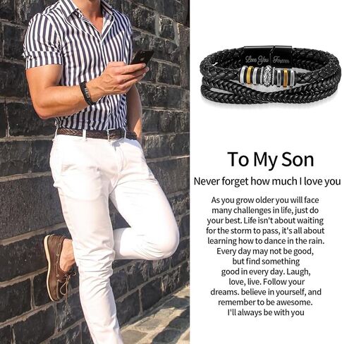 Leather Bracelet for Men, Braided Leather Bracelet, Black Bangle Wristband Bracelet with Clasp, as Birthday Christmas Valentine's Day Gifts for Son Boyfriend Husband Grandson Dad from Mom Wife, in Kuwait