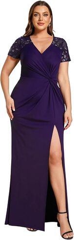 Ever-Pretty Plus Women's Plus Size Double V-Neck Ruched Bust Short Sleeves Sequin Appliques Maxi Formal Dresses 01669-DA in Saudi Arabia