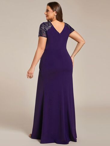 Ever-Pretty Plus Women's Plus Size Double V-Neck Ruched Bust Short Sleeves Sequin Appliques Maxi Formal Dresses 01669-DA in Saudi Arabia