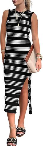 فساتين صيفية نسائية بدون أكمام من BTFBM 2024 فستان صيفي غير رسمي بفتحة رقبة دائرية وفتحة جانبية مجوفة فستان طويل بدون أكمام in Kuwait