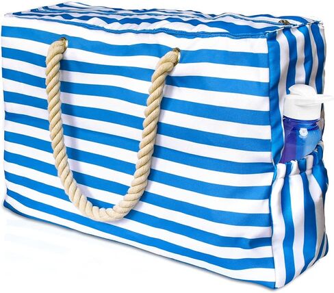 مانجوتري شنطة شاطئ كبيرة للنساء، شنطة حمام سباحة مقاومة للماء مع سحاب، شنطة قماشية مقاومة للرمل، شنطة منسوجة للتسوق وصالة الالعاب الرياضية والسباحة وعطلة الشاطئ والسفر، ازرق وابيض، كبيرة الحجم، متينة in Kuwait