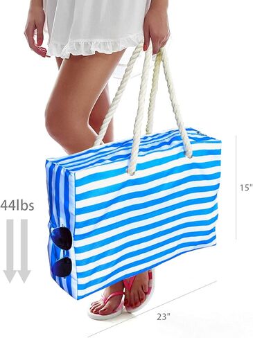 مانجوتري شنطة شاطئ كبيرة للنساء، شنطة حمام سباحة مقاومة للماء مع سحاب، شنطة قماشية مقاومة للرمل، شنطة منسوجة للتسوق وصالة الالعاب الرياضية والسباحة وعطلة الشاطئ والسفر، ازرق وابيض، كبيرة الحجم، متينة in Kuwait