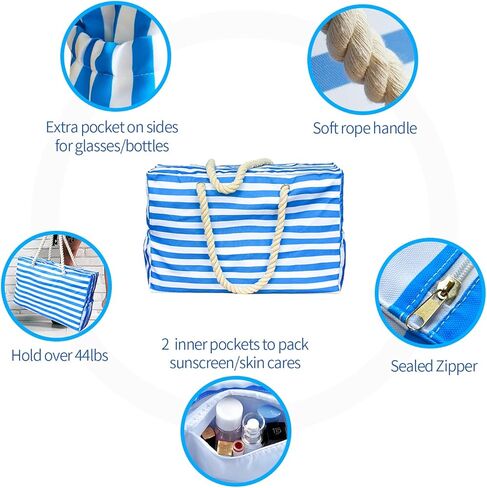 مانجوتري شنطة شاطئ كبيرة للنساء، شنطة حمام سباحة مقاومة للماء مع سحاب، شنطة قماشية مقاومة للرمل، شنطة منسوجة للتسوق وصالة الالعاب الرياضية والسباحة وعطلة الشاطئ والسفر، ازرق وابيض، كبيرة الحجم، متينة in Kuwait