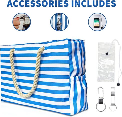 مانجوتري شنطة شاطئ كبيرة للنساء، شنطة حمام سباحة مقاومة للماء مع سحاب، شنطة قماشية مقاومة للرمل، شنطة منسوجة للتسوق وصالة الالعاب الرياضية والسباحة وعطلة الشاطئ والسفر، ازرق وابيض، كبيرة الحجم، متينة in Kuwait