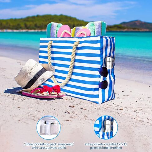 مانجوتري شنطة شاطئ كبيرة للنساء، شنطة حمام سباحة مقاومة للماء مع سحاب، شنطة قماشية مقاومة للرمل، شنطة منسوجة للتسوق وصالة الالعاب الرياضية والسباحة وعطلة الشاطئ والسفر، ازرق وابيض، كبيرة الحجم، متينة in Kuwait