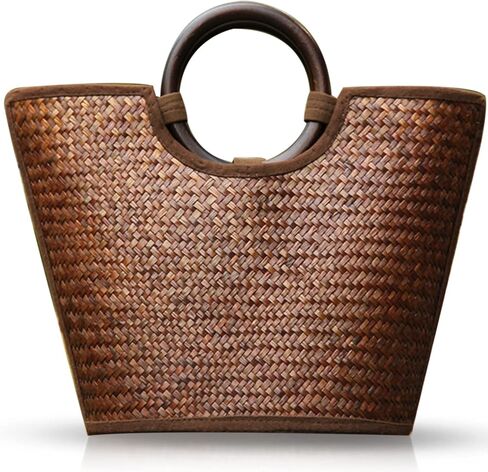 QTKJ Straw Bag for Women, Summer Beach Handmade Rattan Tote Bag, Round Wooden Handle, Boho Retro Straw Woven Handbag, Large Beach Bag for Vacation (Brown) in Saudi Arabia