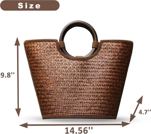 QTKJ Straw Bag for Women, Summer Beach Handmade Rattan Tote Bag, Round Wooden Handle, Boho Retro Straw Woven Handbag, Large Beach Bag for Vacation (Brown) in Saudi Arabia