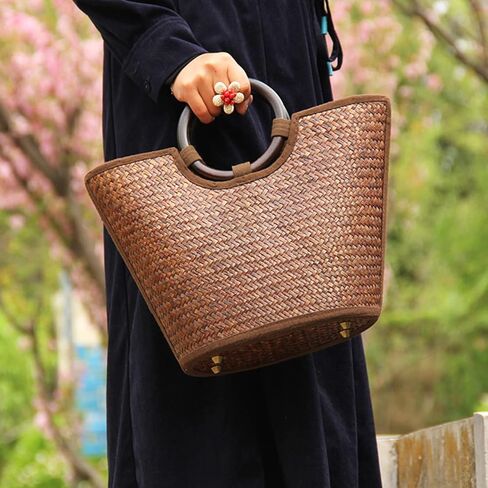QTKJ Straw Bag for Women, Summer Beach Handmade Rattan Tote Bag, Round Wooden Handle, Boho Retro Straw Woven Handbag, Large Beach Bag for Vacation (Brown) in Saudi Arabia