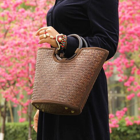 QTKJ Straw Bag for Women, Summer Beach Handmade Rattan Tote Bag, Round Wooden Handle, Boho Retro Straw Woven Handbag, Large Beach Bag for Vacation (Brown) in Saudi Arabia