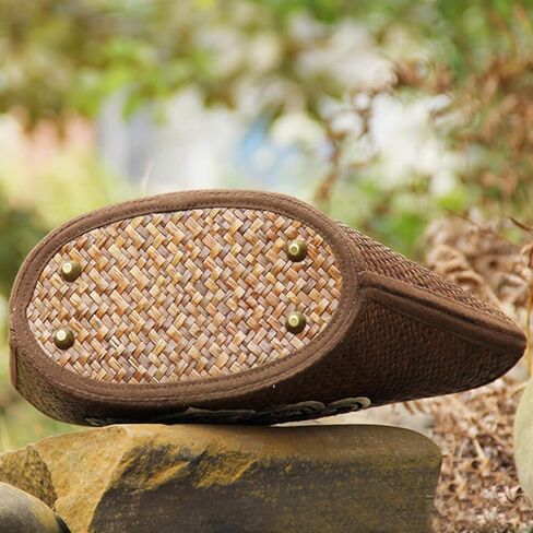 QTKJ Straw Bag for Women, Summer Beach Handmade Rattan Tote Bag, Round Wooden Handle, Boho Retro Straw Woven Handbag, Large Beach Bag for Vacation (Brown) in Saudi Arabia