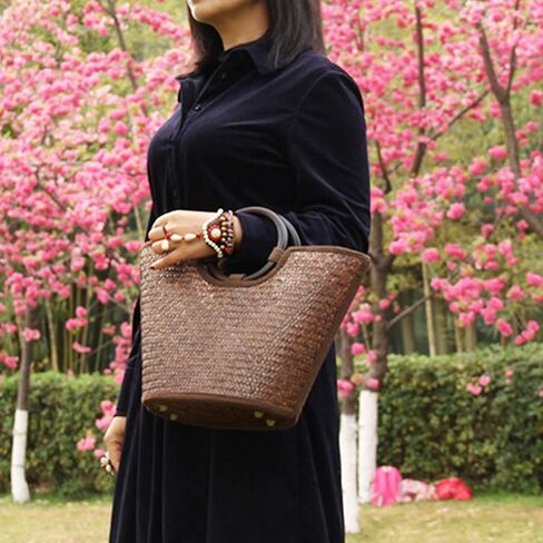 QTKJ Straw Bag for Women, Summer Beach Handmade Rattan Tote Bag, Round Wooden Handle, Boho Retro Straw Woven Handbag, Large Beach Bag for Vacation (Brown) in Saudi Arabia