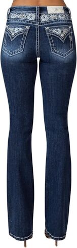 Miss Me Women's Mid-Rise Tribal Blowout Embellished Yoke and Faux Flap Pockets Bootcut Jeans in Saudi Arabia