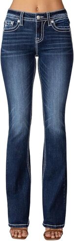 Miss Me Women's Mid-Rise Tribal Blowout Embellished Yoke and Faux Flap Pockets Bootcut Jeans in Saudi Arabia