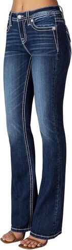 Miss Me Women's Mid-Rise Tribal Blowout Embellished Yoke and Faux Flap Pockets Bootcut Jeans in Saudi Arabia