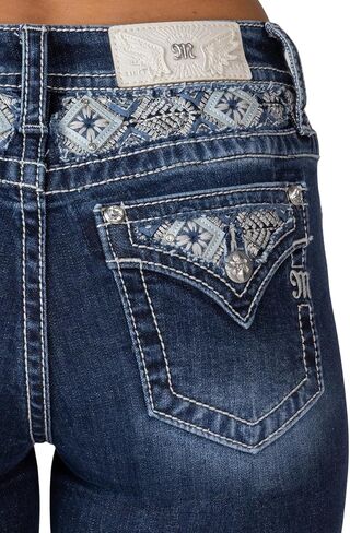Miss Me Women's Mid-Rise Tribal Blowout Embellished Yoke and Faux Flap Pockets Bootcut Jeans in Saudi Arabia