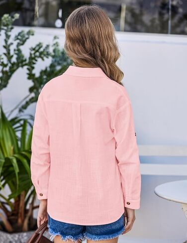 قميص Flypigs منقوش للفتيات والأولاد من القطن بأزرار سفلية وأكمام طويلة وبلوزات من الكتان مع جيب بعمر 5-13 سنة in Kuwait